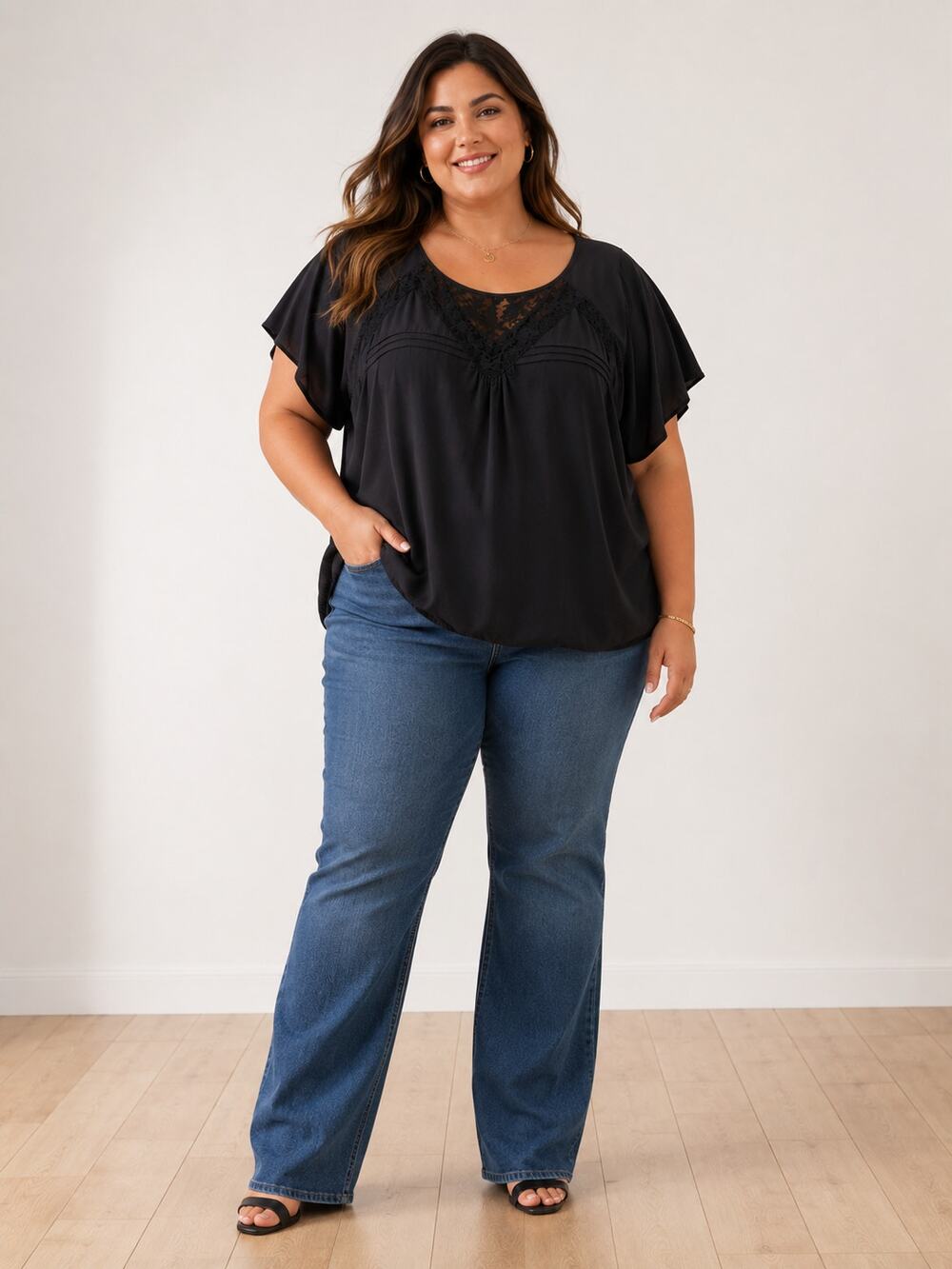 Pure Energy Women's 3XL Black Lace Blouse Short Sleeve Tunic Top Boho